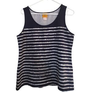 Ruby Rd. Tank Top Women M Navy White Striped Sequins Pullover Sleeveless Stretch